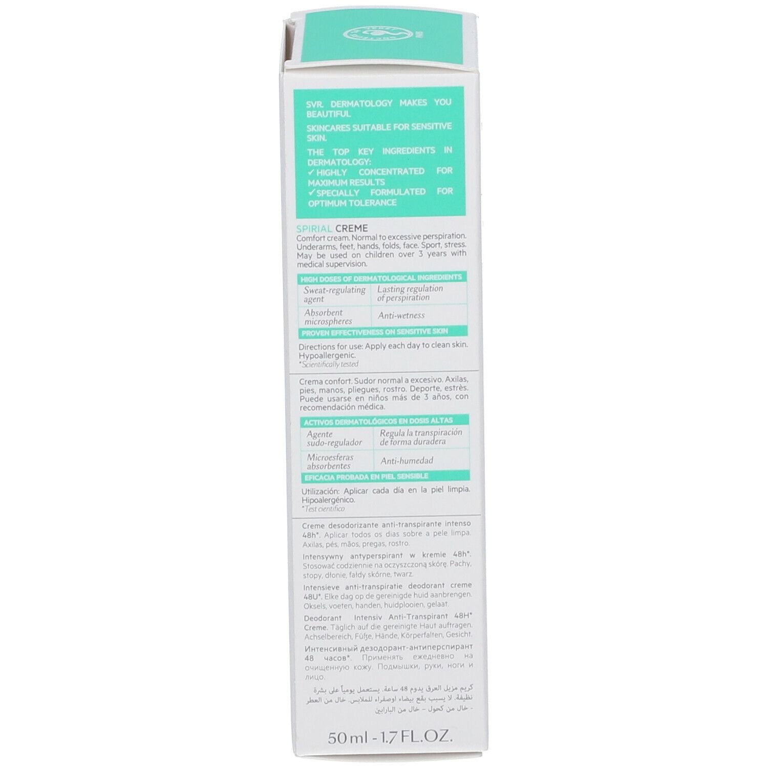 Produktverpackung. Weiß mit grünem Text. SVR-Logo, Produktname: Spirial Creme. Text: Informationen zur Anwendung.
