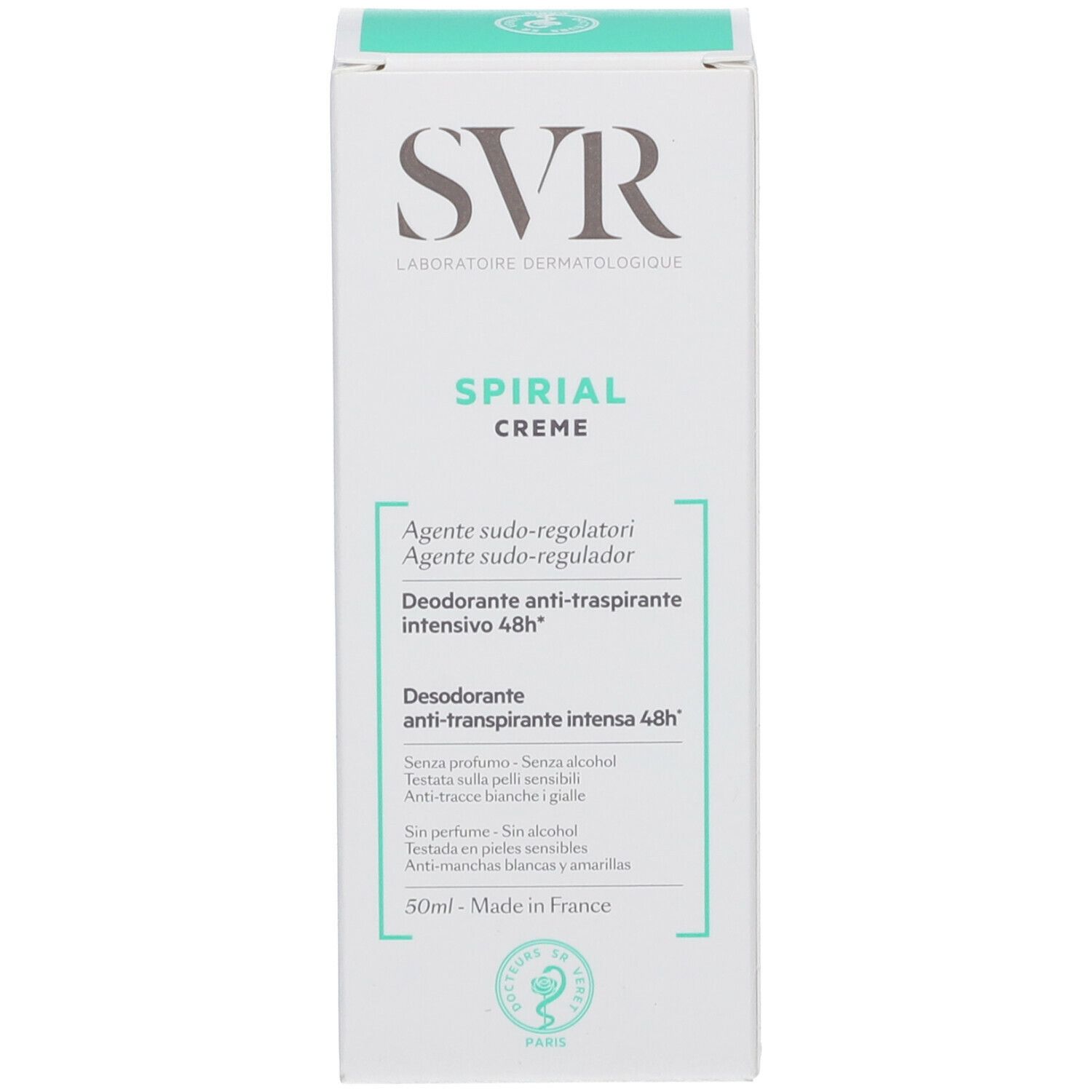 Produktverpackung. Weiß mit grünem Text. SVR-Logo, Produktname: Spirial Creme. Text: Deodorant anti-transpirant intenso 48H.