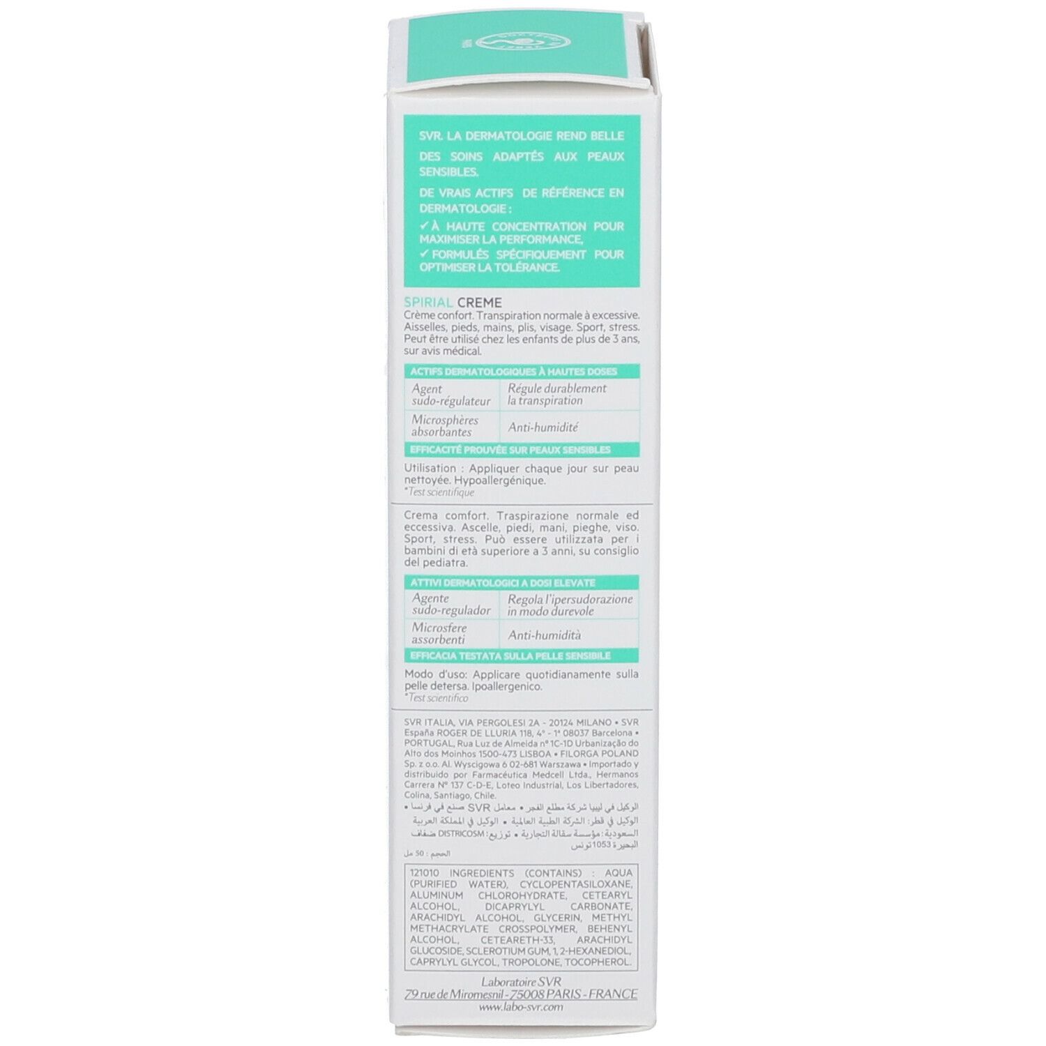 Produktverpackung. Weiß mit grünem Text. SVR-Logo, Produktname: Spirial Creme. Text: Informationen zur Anwendung.