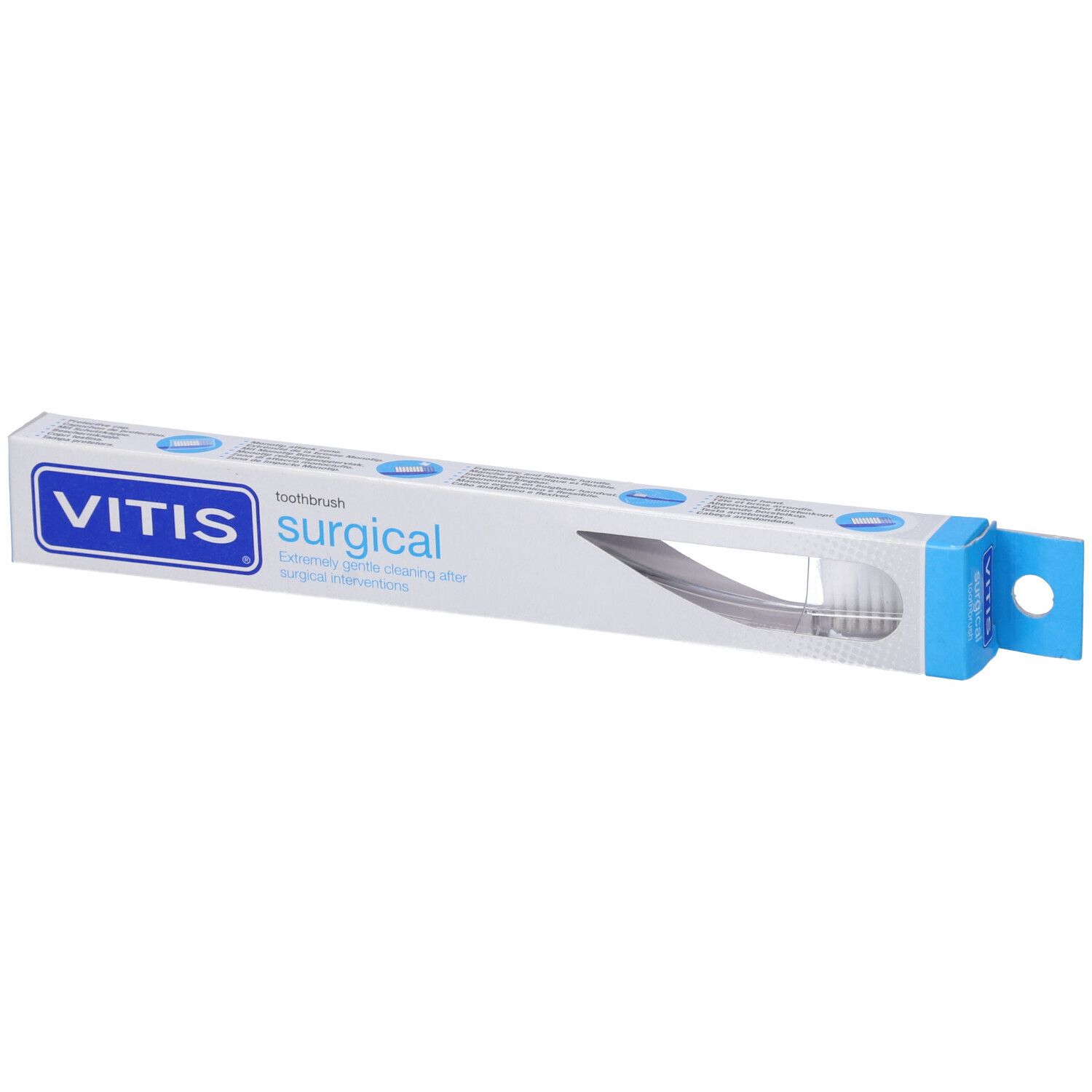 Confezione spazzolino VITIS surgical. Nome del prodotto e marchio. Confezione blu e bianca.