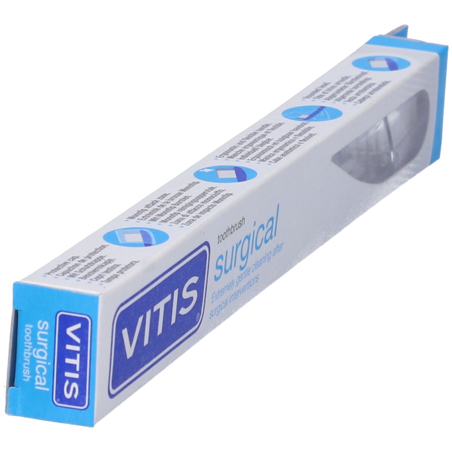 Confezione spazzolino VITIS surgical. Nome del prodotto e marchio. Confezione blu e bianca.