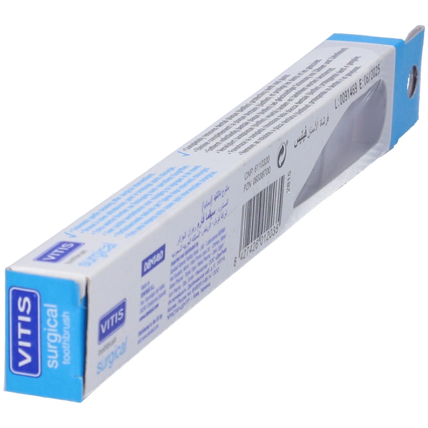 Confezione spazzolino VITIS surgical. Nome del prodotto e marchio. Confezione blu e bianca.