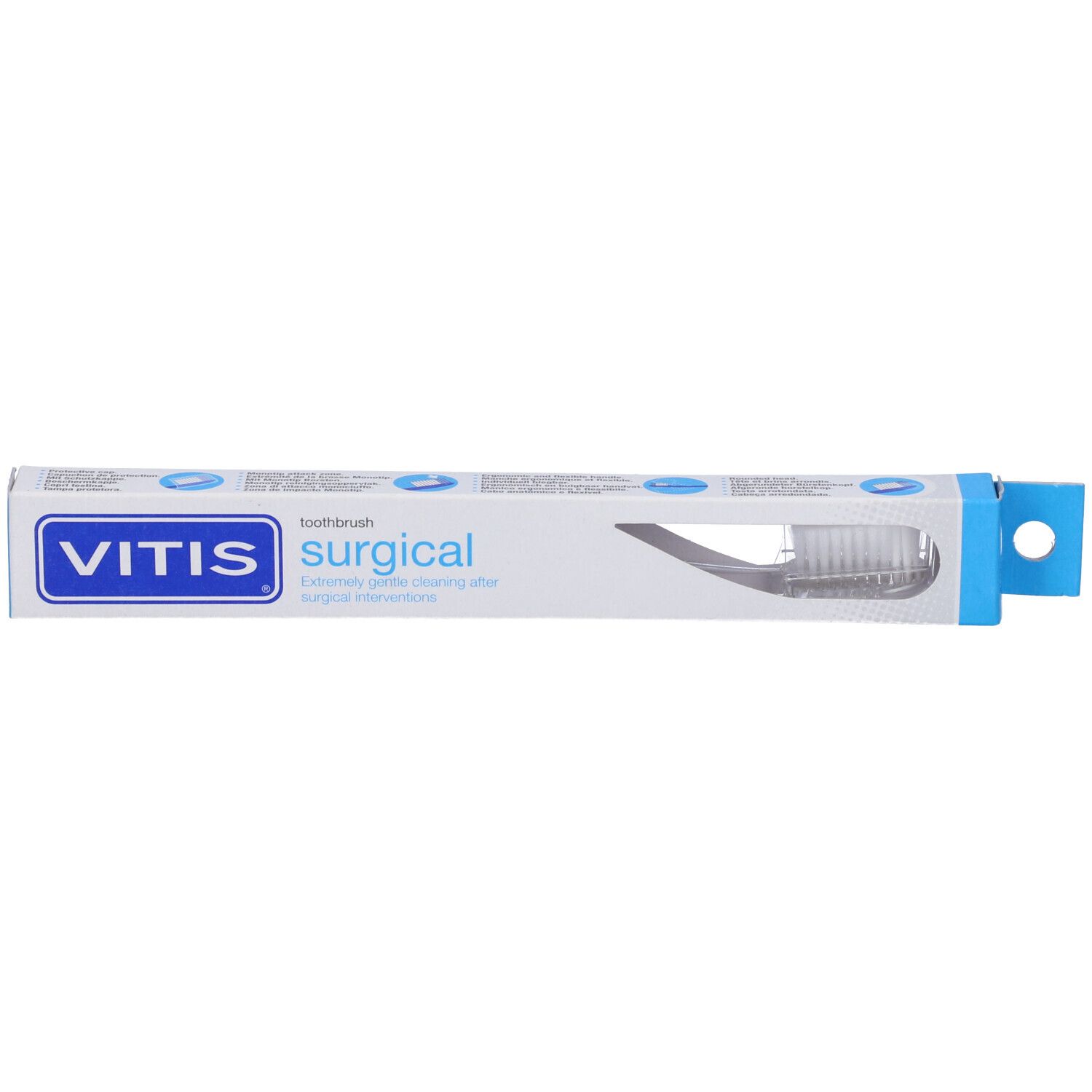 Confezione spazzolino VITIS surgical. Nome del prodotto e marchio. Confezione blu e bianca.