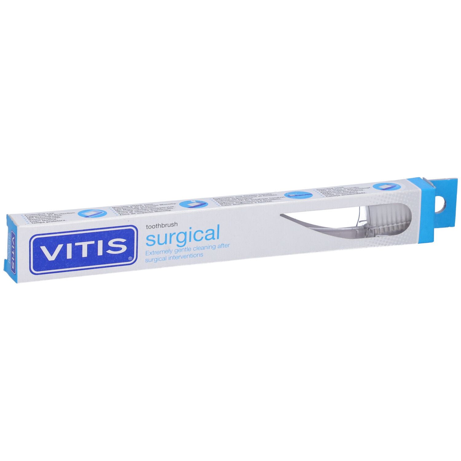 Confezione spazzolino VITIS surgical. Nome del prodotto e marchio. Confezione blu e bianca.