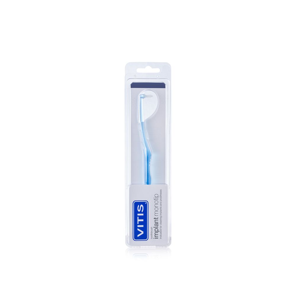 Spazzolino blu in confezione blister. Testina bianca. Logo VITIS e "implant monotip" sulla confezione.