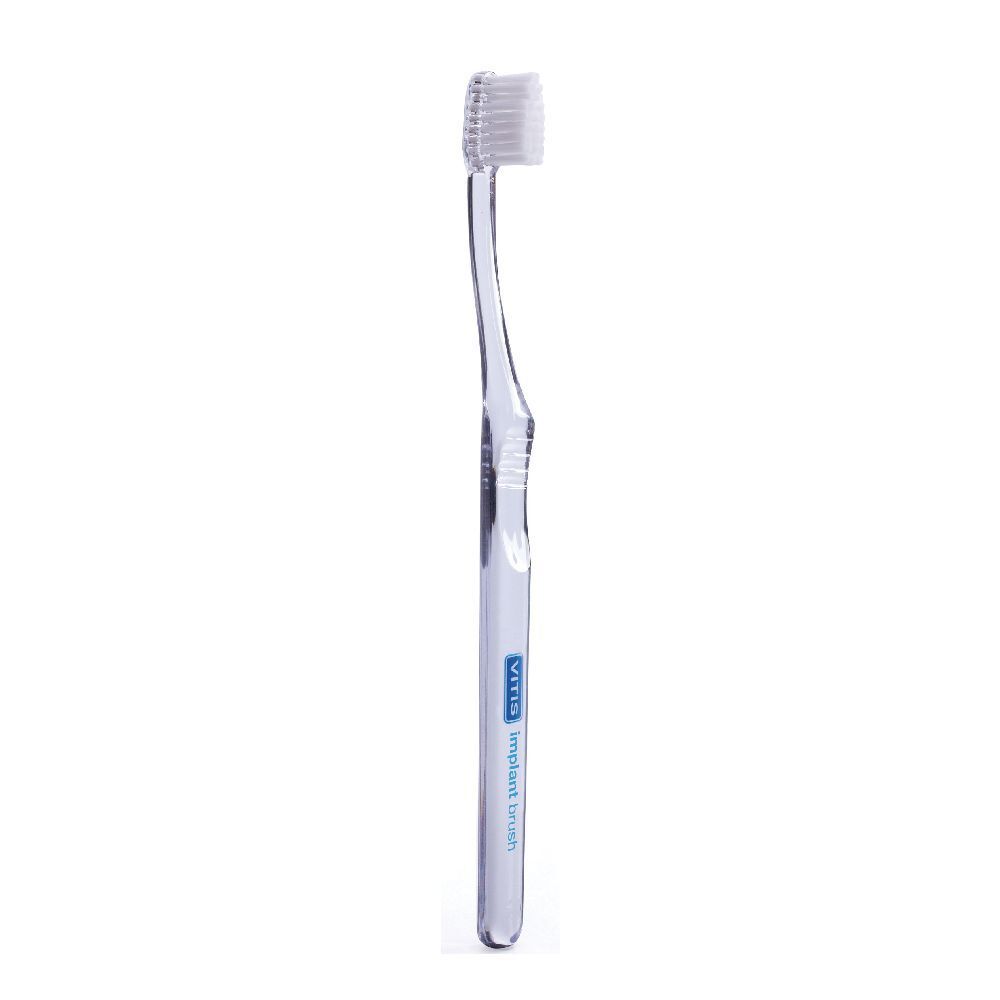 Spazzolino con manico trasparente e testina bianca. Sul manico è presente la scritta "VITIS Implant brush".