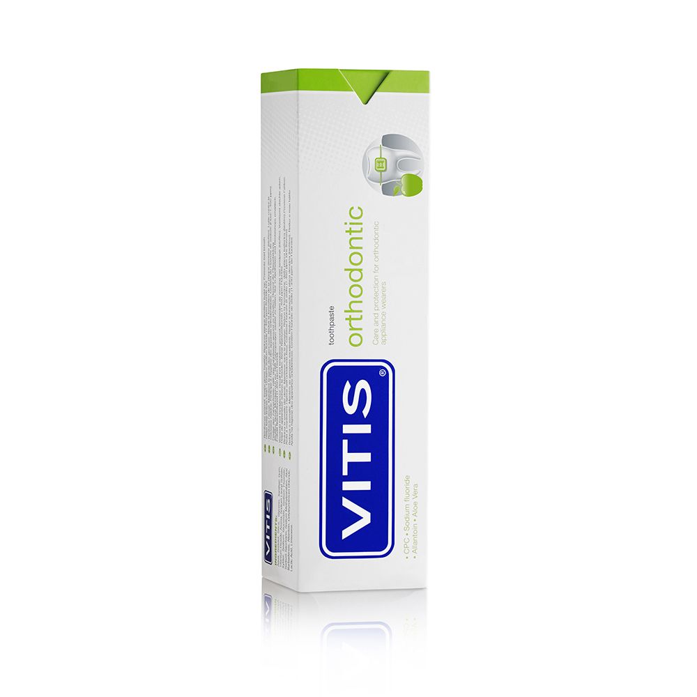 Confezione di dentifricio VITIS orthodontic. Logo blu. Colori: bianco, verde.