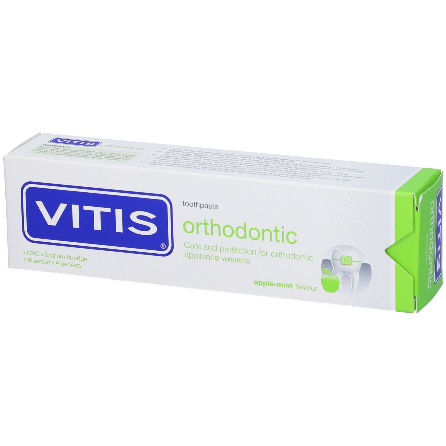 Confezione dentifricio VITIS orthodontic. Logo e nome prodotto. Verde e bianco.