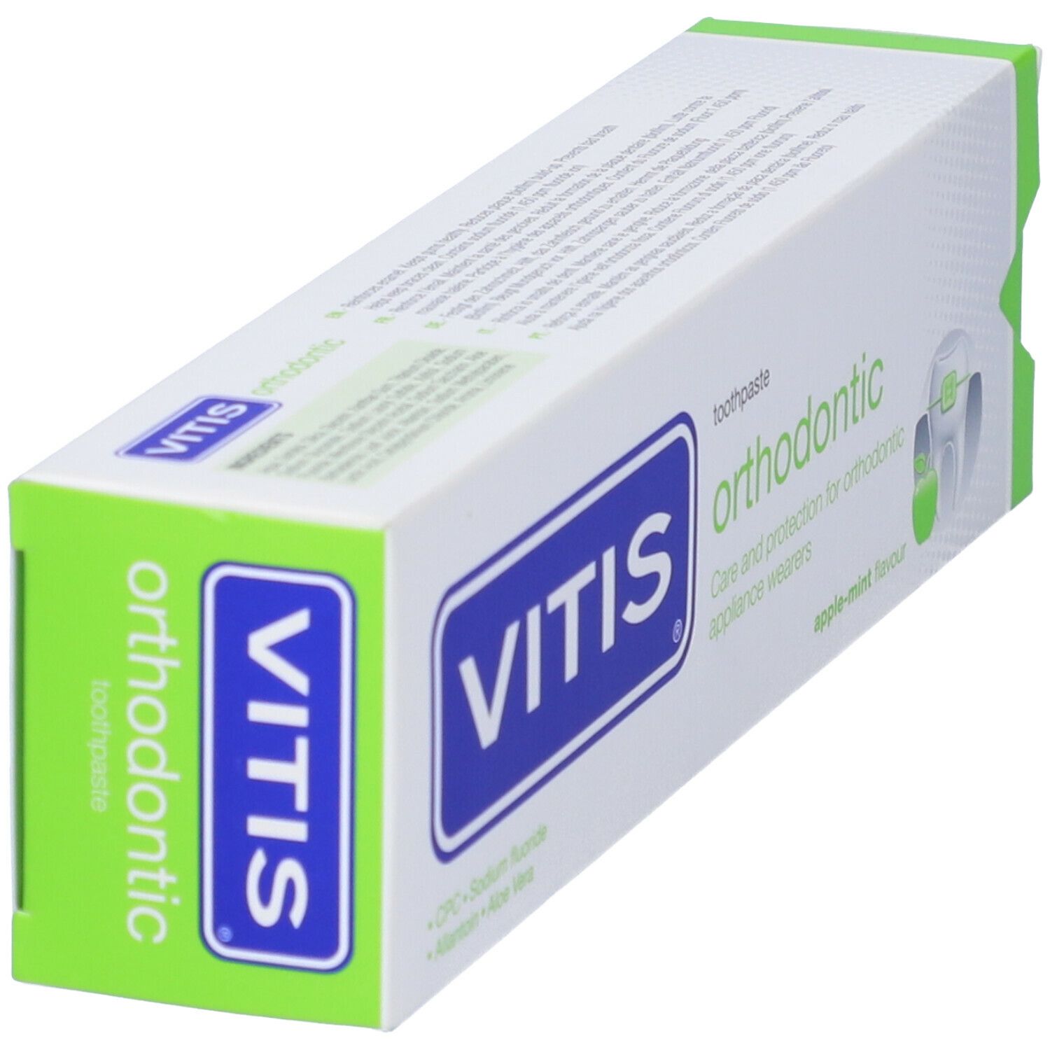 Confezione dentifricio VITIS orthodontic. Logo e nome prodotto. Verde e bianco.