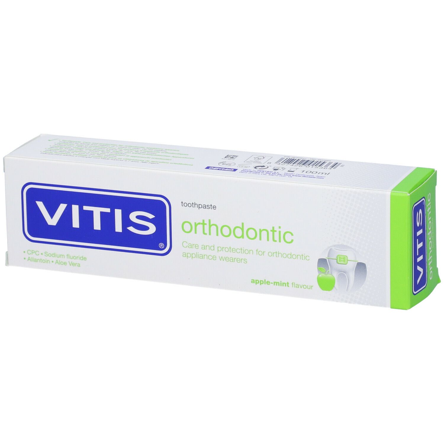 Confezione dentifricio VITIS orthodontic. Logo e nome prodotto. Verde e bianco.