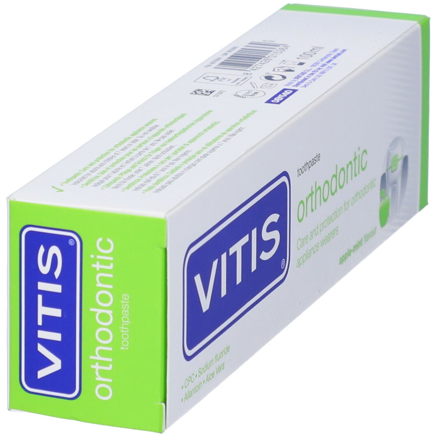 Confezione dentifricio VITIS orthodontic. Logo e nome prodotto. Verde e bianco.