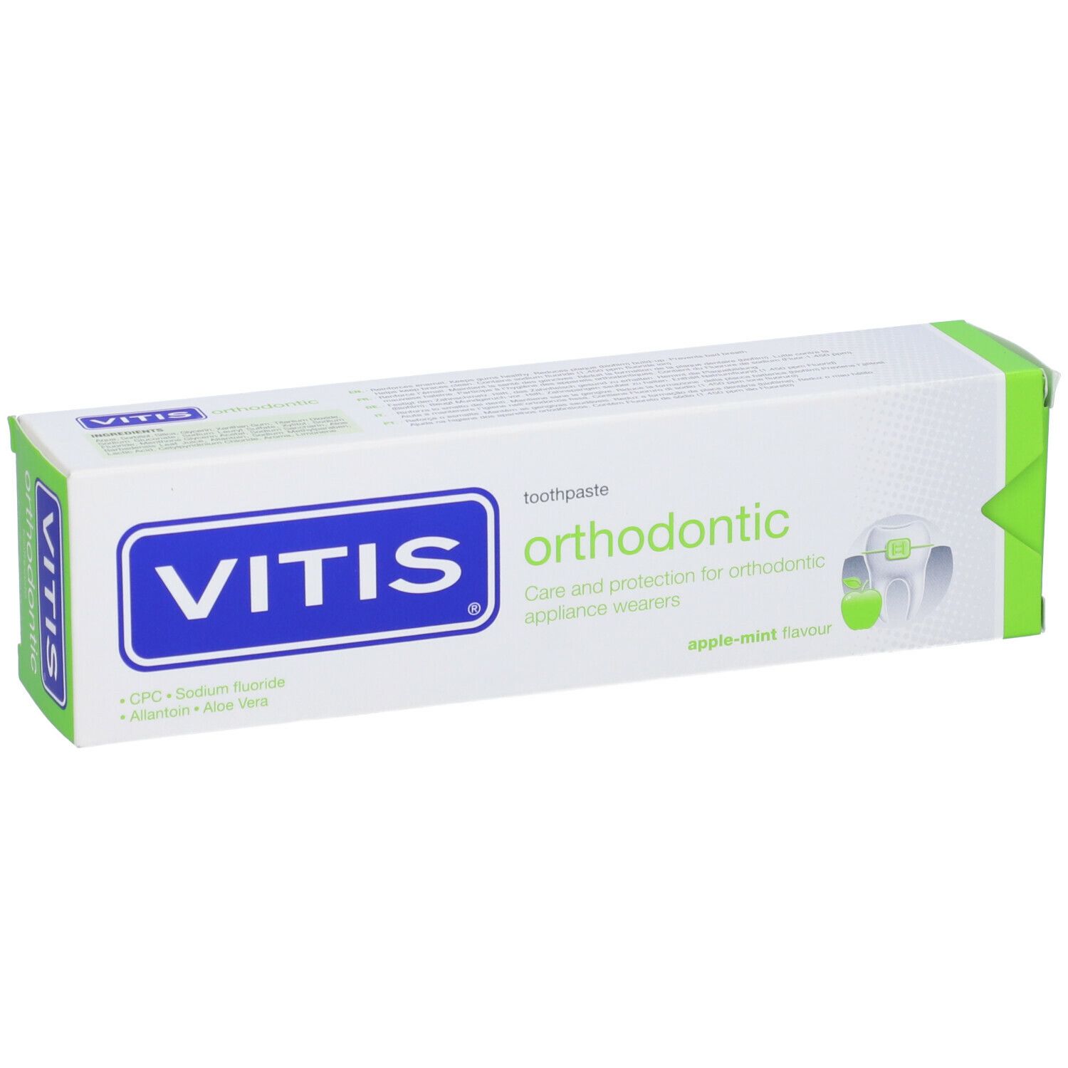 Confezione dentifricio VITIS orthodontic. Logo e nome prodotto. Verde e bianco.