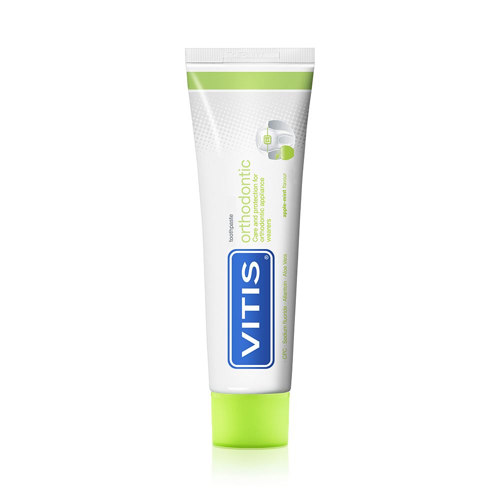 Tubo di dentifricio VITIS orthodontic. Logo blu. Colori: bianco, verde.