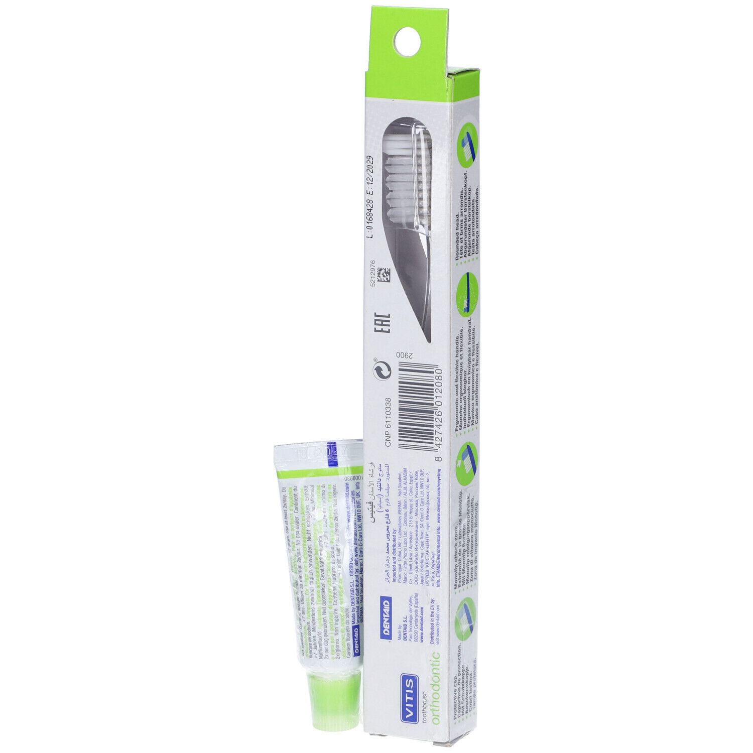 Rückseite der Verpackung mit Zahnbürste und Zahnpasta. VITIS orthodontic. Text und Barcode.