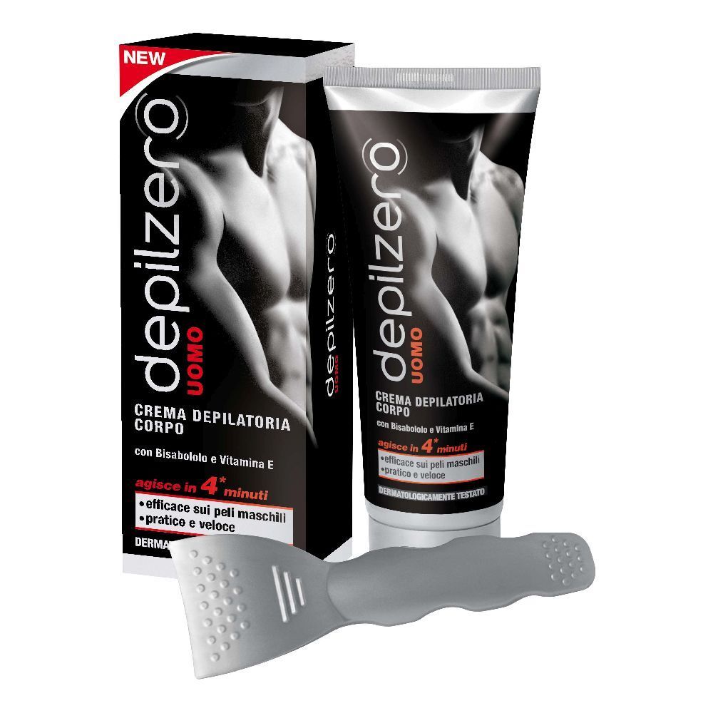 Crema e spatola. Sul tubo "depilzero UOMO". Sulla confezione "CREMA DEPILATORIA CORPO".