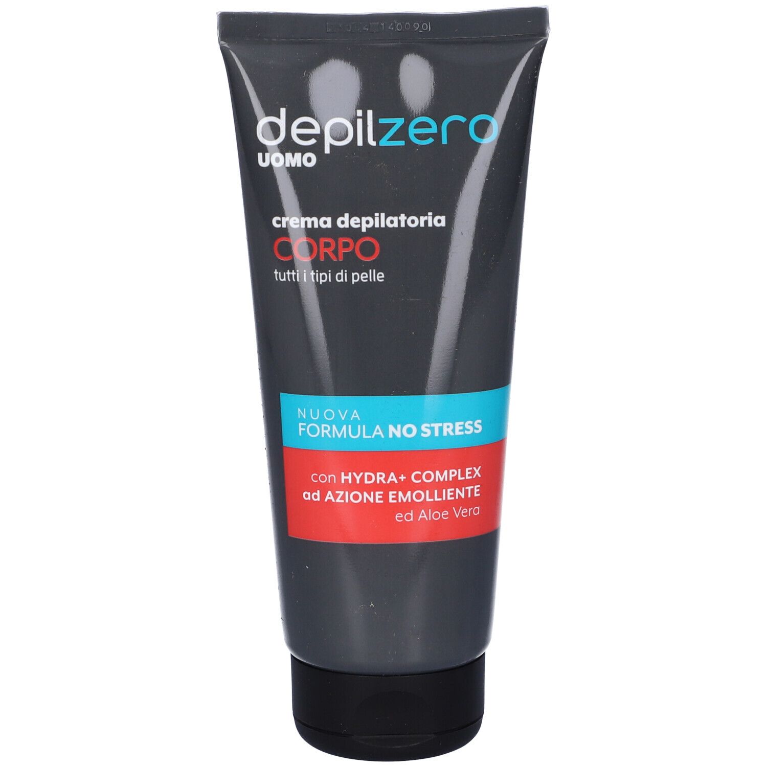 Tubo grigio con tappo nero. Scritta "depilzero UOMO crema depilatoria CORPO". Strisce blu e rosse.