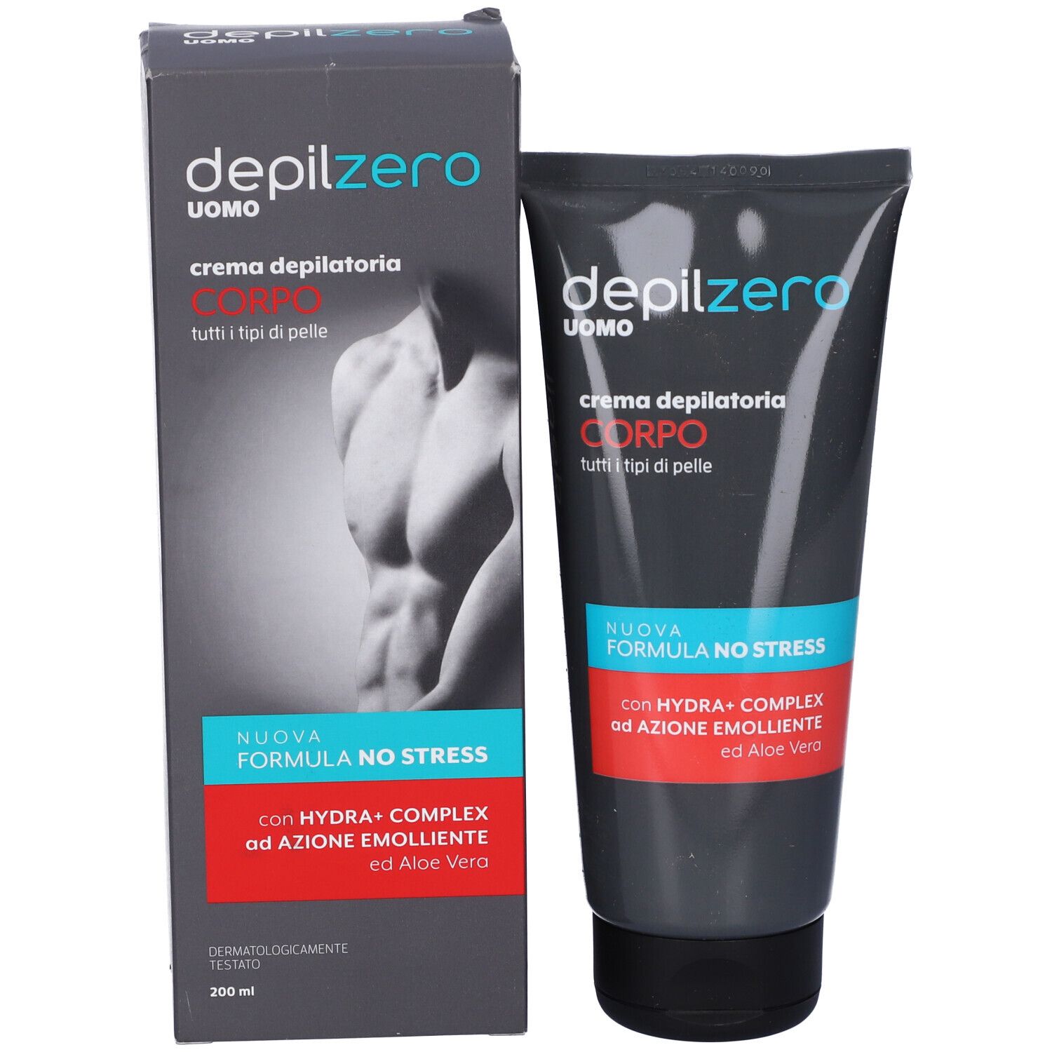 Confezione e tubo. Sulla confezione "depilzero UOMO crema depilatoria CORPO". Strisce blu e rosse.
