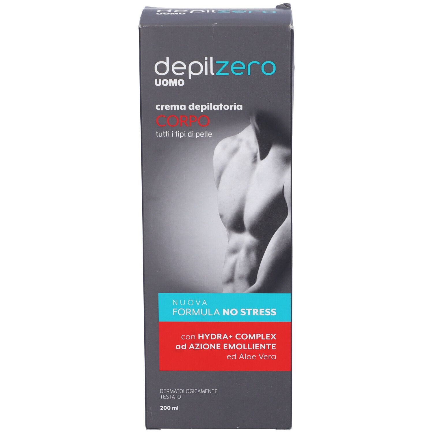 Confezione. Scritta "depilzero UOMO crema depilatoria CORPO". Strisce blu e rosse. 200 ml.