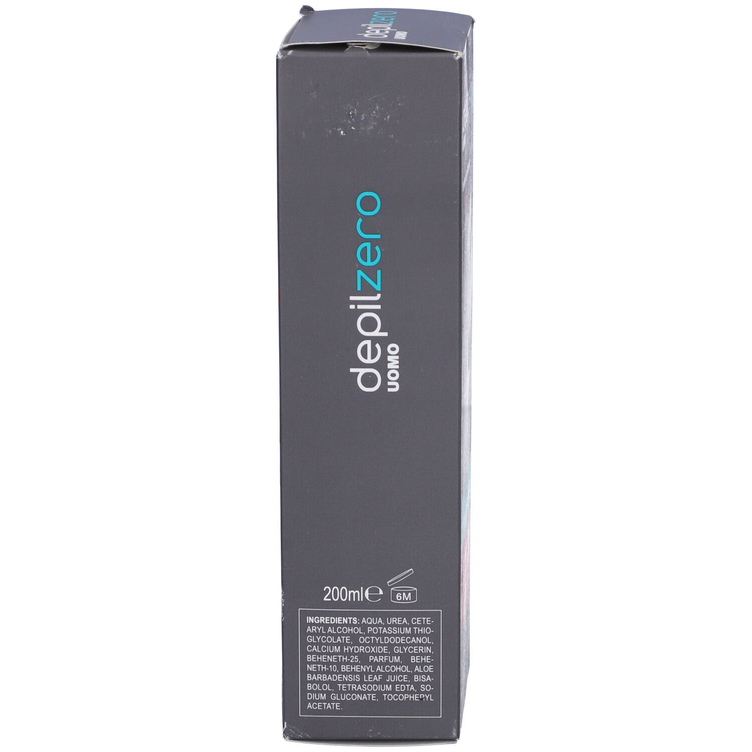 Confezione, lato. Scritta "depilzero UOMO". Ingredienti e 200 ml. Simbolo 6M.