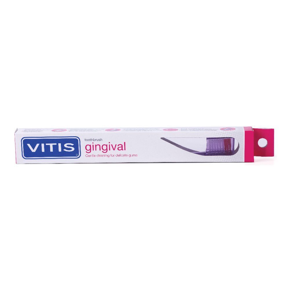 Spazzolino VITIS gingival in confezione. Dettagli rosa.