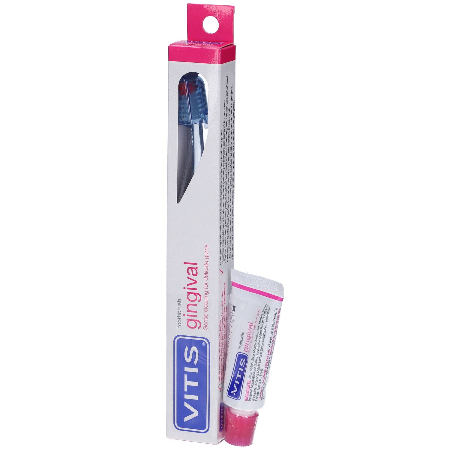 Spazzolino e dentifricio VITIS gingival in confezione. Rosa.