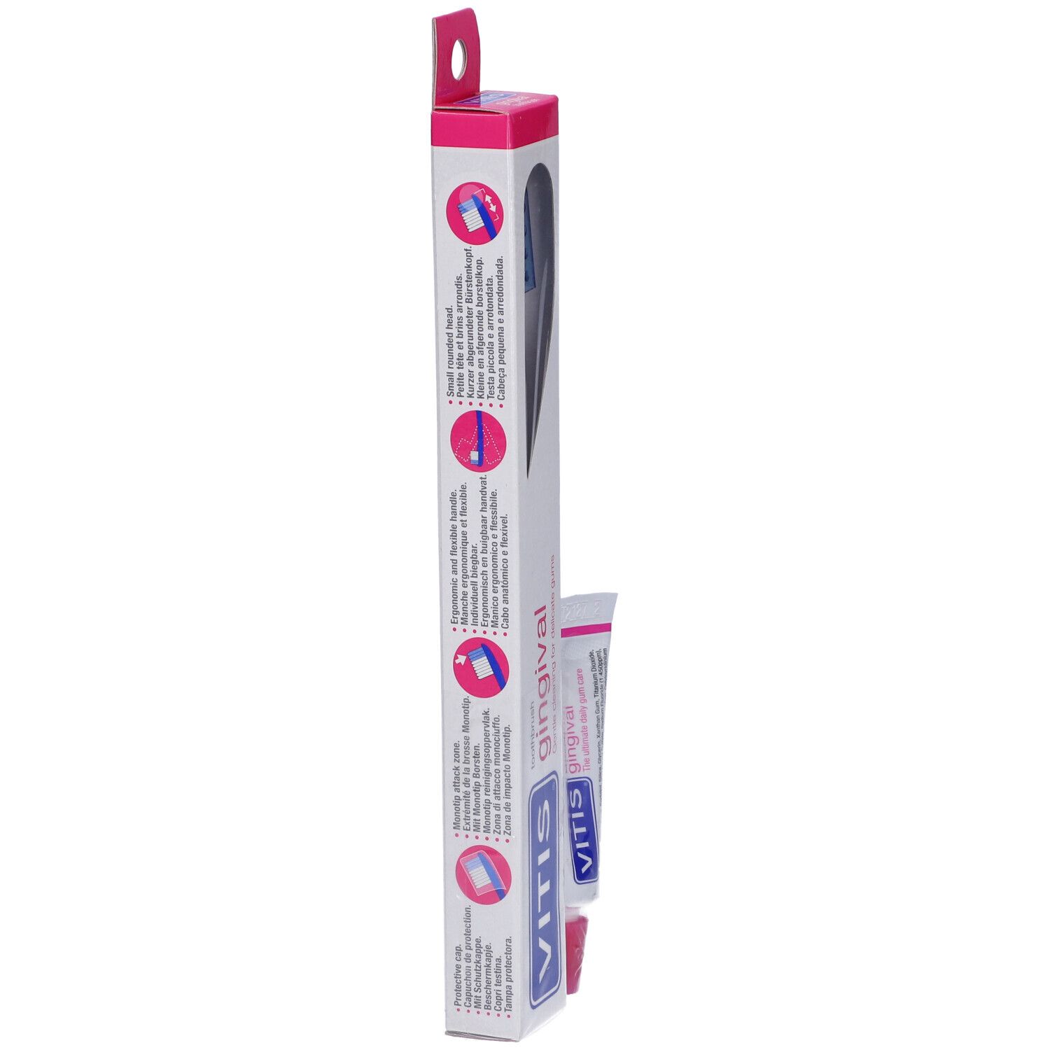 Confezione con spazzolino e dentifricio. VITIS gingival. Rosa.