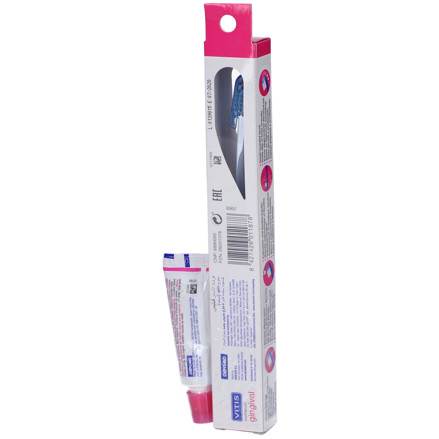 Retro della confezione con spazzolino e dentifricio. VITIS gingival. Rosa.