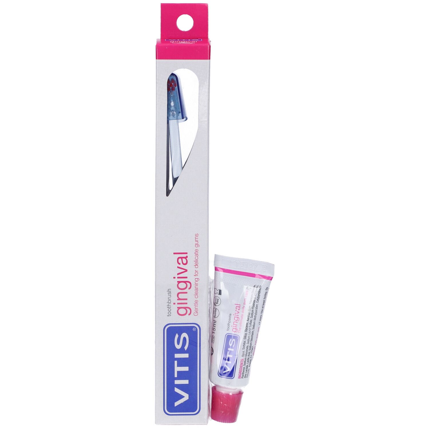 Spazzolino e dentifricio VITIS gingival in confezione. Rosa.