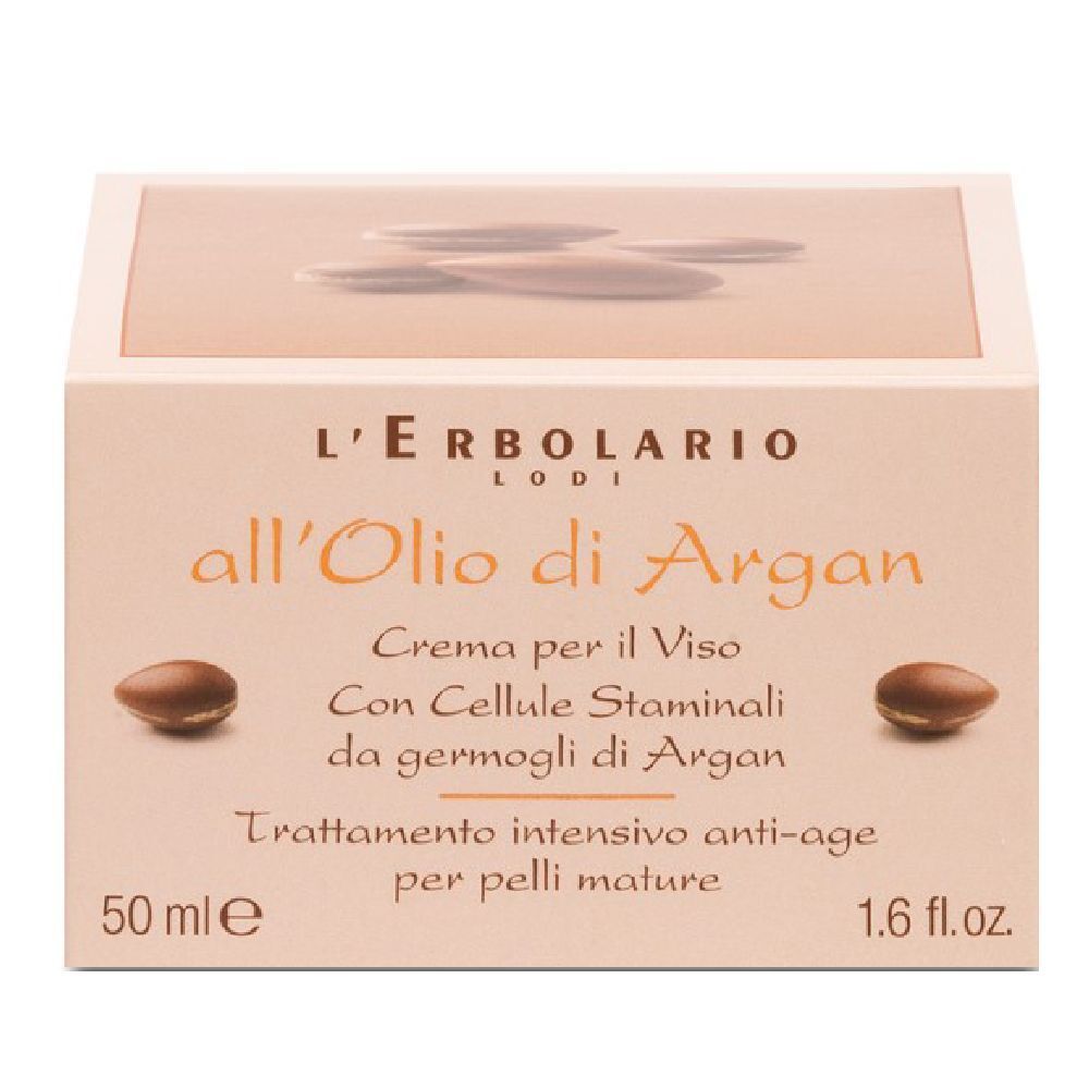 Confezione L'Erbolario. Scritta: all'Olio di Argan, Crema per il Viso, Trattamento intensivo anti-age. 50 ml.