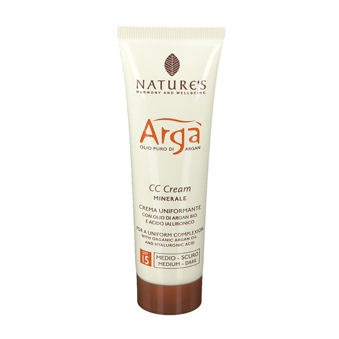 Creme-Tube. Aufschrift: NATURE'S Argà CC Creme. Mineralische CC Creme. LSF 15. Farbe: Medium-Dunkel.