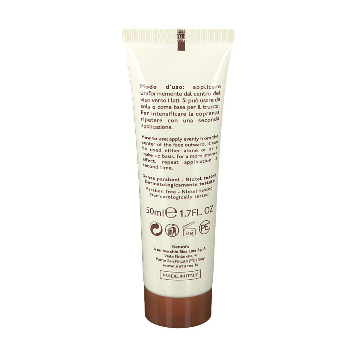 Rückseite der Creme-Tube. Text über Anwendung und Inhaltsstoffe. 50ml. Dermatologisch getestet. Made in Italy.
