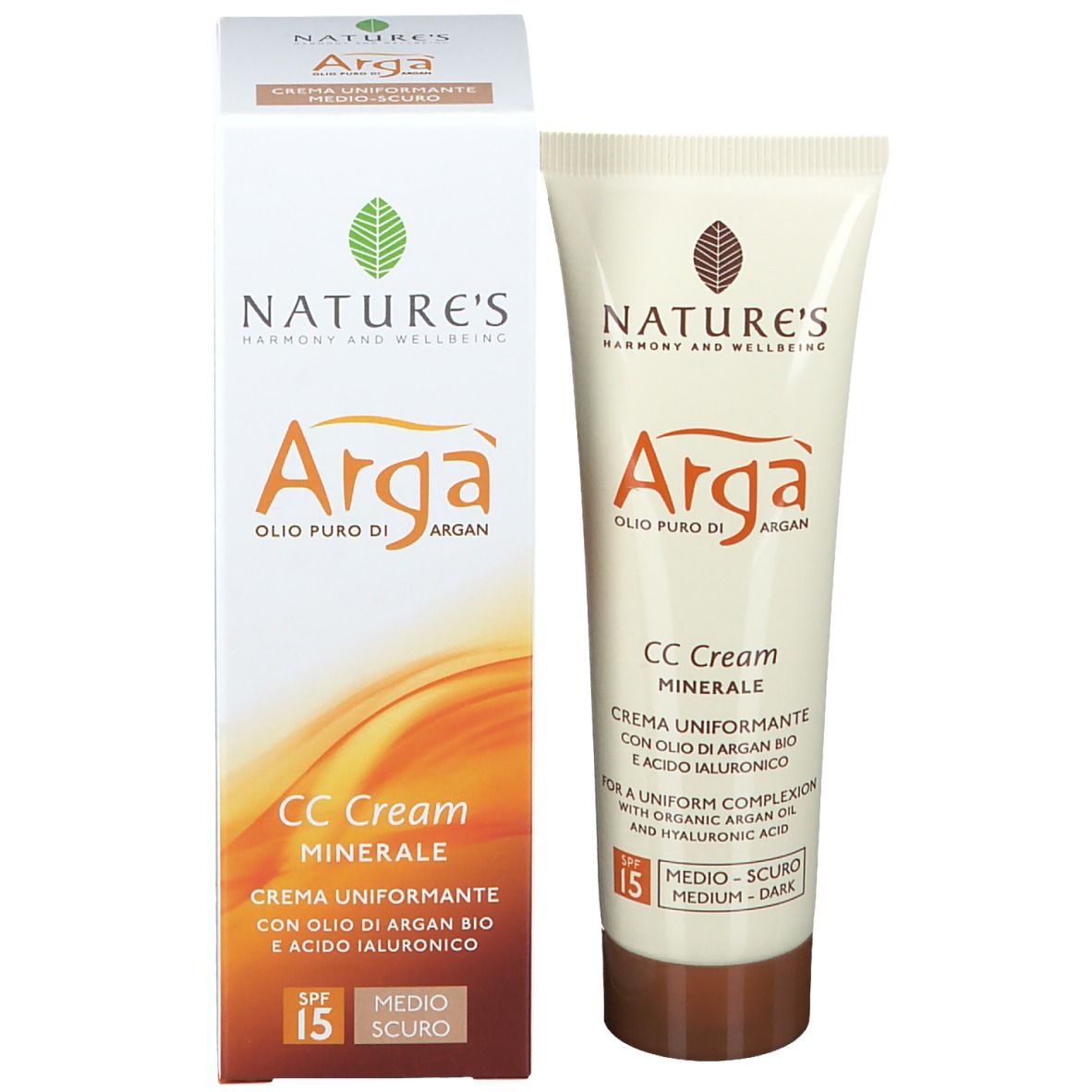 Creme-Tube und Schachtel. Aufschrift: NATURE'S Argà CC Creme. Mineralische CC Creme. LSF 15. Farbe: Medium-Dunkel.