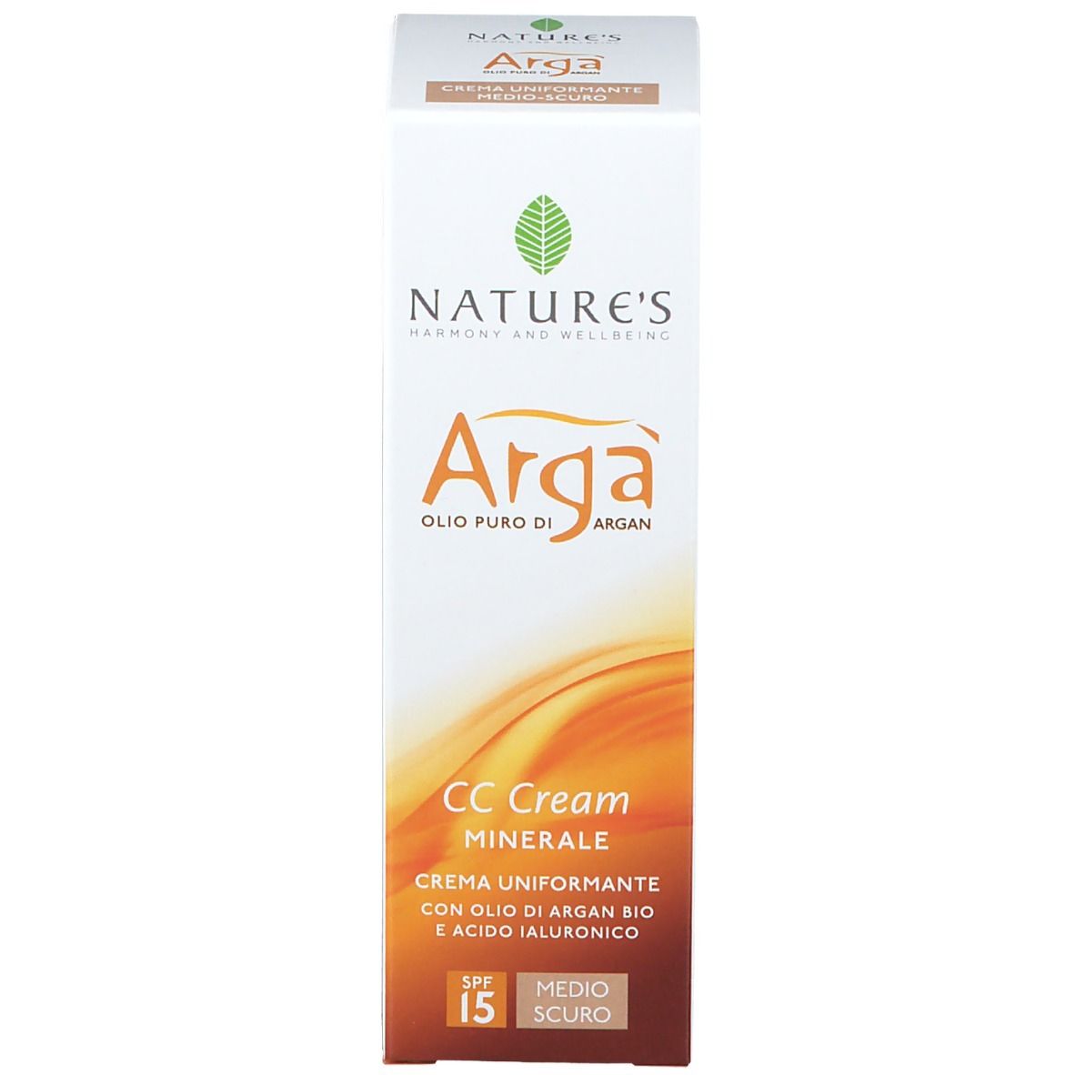 Schachtel. Aufschrift: NATURE'S Argà CC Creme. Mineralische CC Creme. LSF 15. Farbe: Medium-Dunkel.