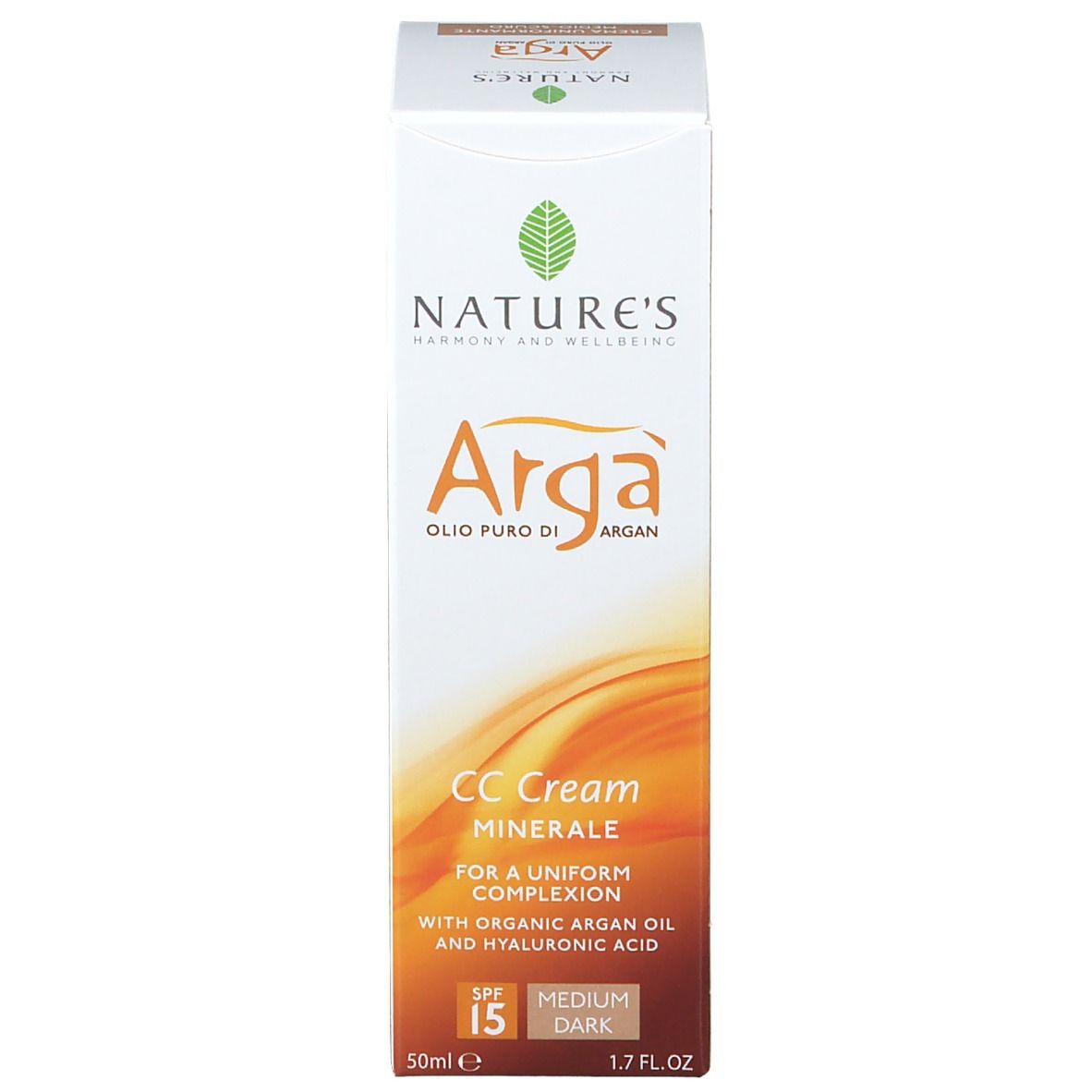 Schachtel. Aufschrift: NATURE'S Argà CC Creme. Mineralische CC Creme. LSF 15. 50ml. Farbe: Medium-Dunkel.