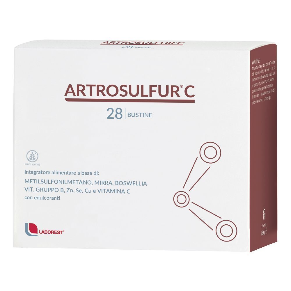 Scatola 'Artrosulfur' C, 28 bustine. Contiene metilsulfonilmetano, mirra, boswellia, vitamine e minerali. Marchio Laborest.