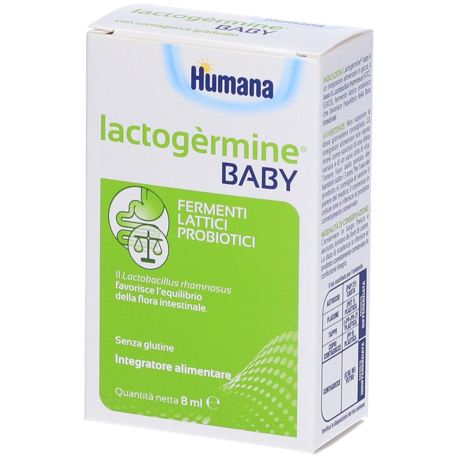 Karton Lactogermine Baby. Marke Humana. Aufdruck: Fermenti Lattici Probiotici. Glutenfrei. Inhalt 8 ml.