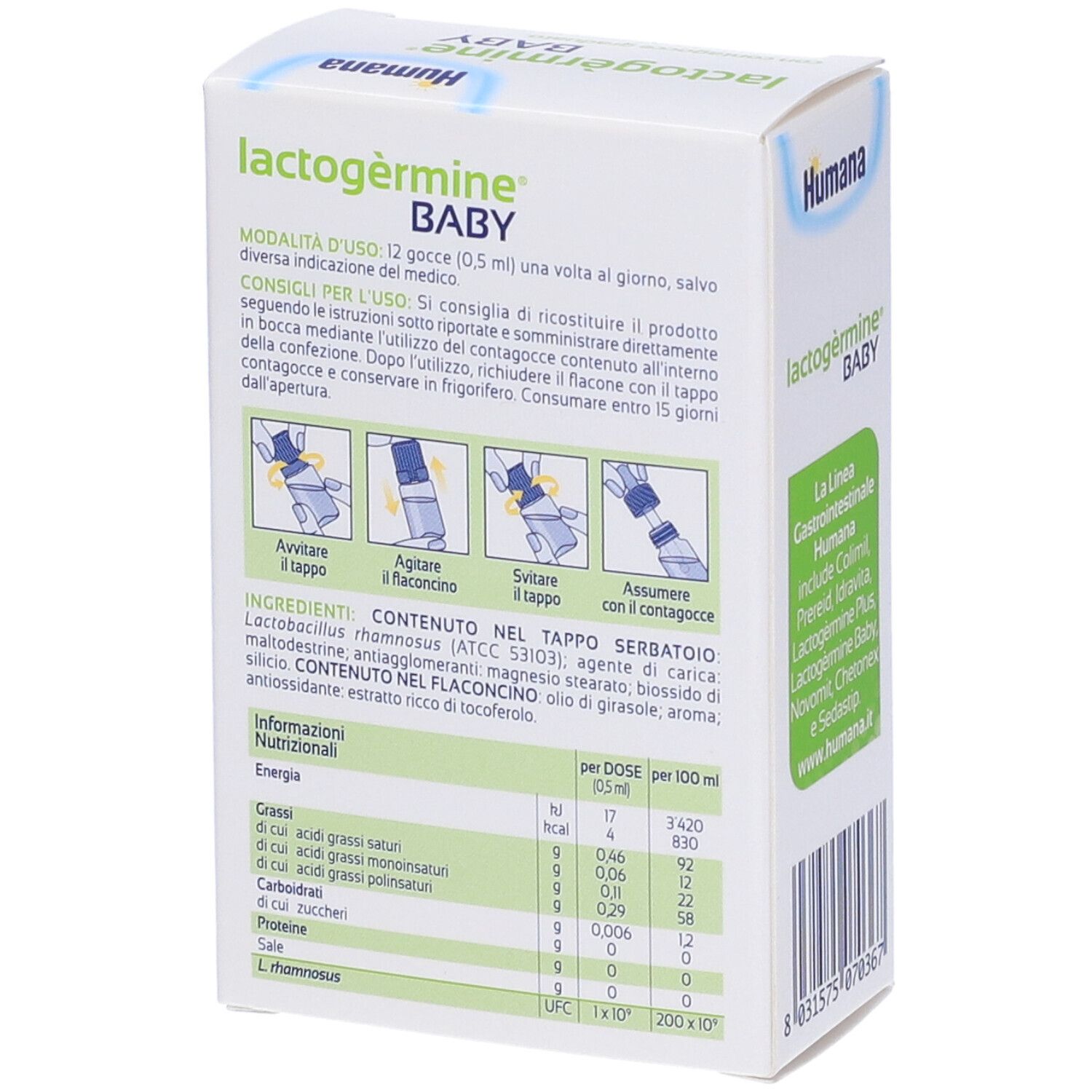 Rückseite der Lactogermine Baby-Verpackung. Enthält Informationen zu Anwendung, Inhaltsstoffen und Nährwerten.