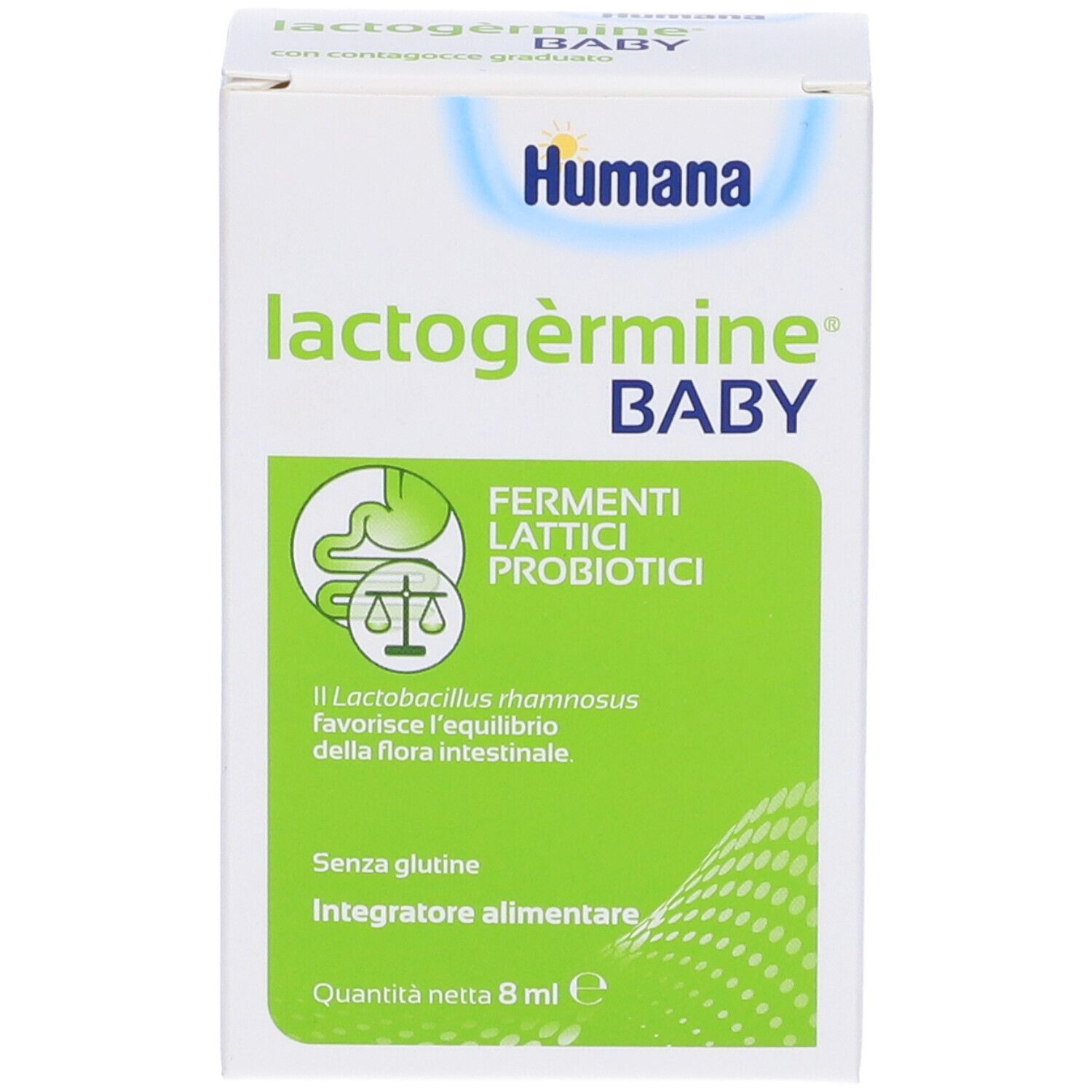 Karton Lactogermine Baby. Marke Humana. Aufdruck: Fermenti Lattici Probiotici. Glutenfrei. Inhalt 8 ml.