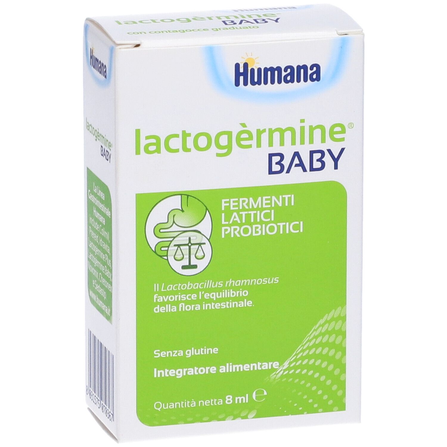 Karton Lactogermine Baby. Marke Humana. Aufdruck: Fermenti Lattici Probiotici. Glutenfrei. Inhalt 8 ml.