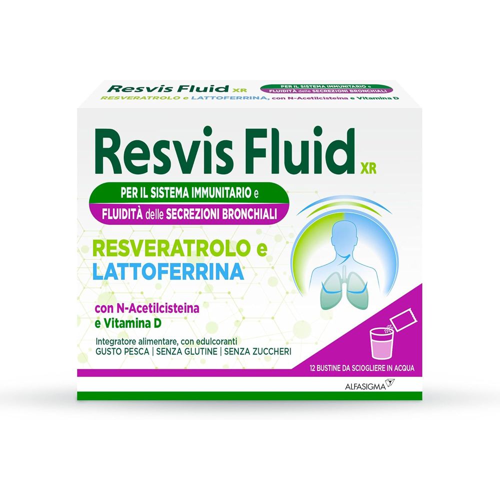 Weiße Schachtel mit "Resvis Fluid XR"-Logo. Enthält 12 Beutel zum Auflösen in Wasser. Enthält Resveratrol und Lattoferrina.