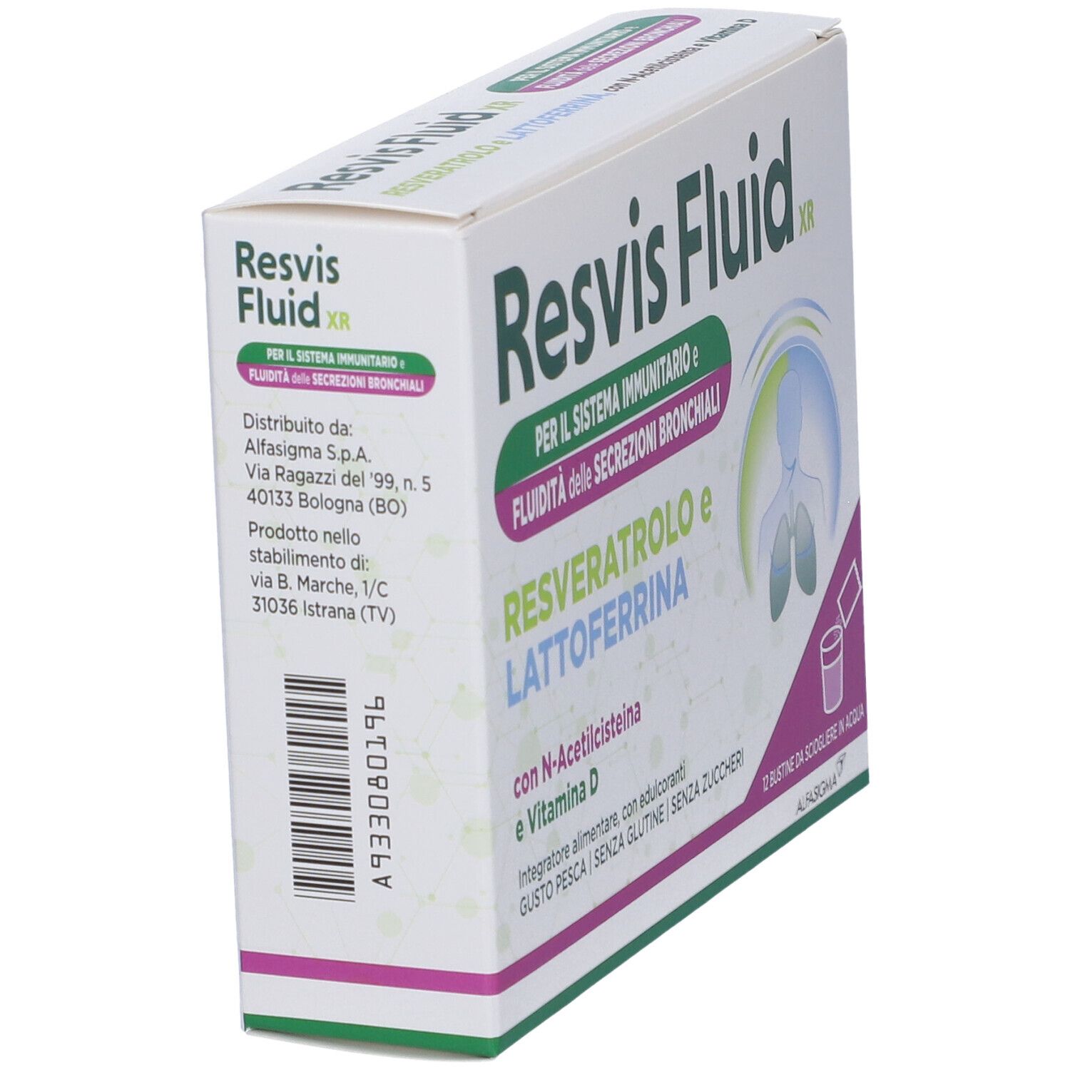 Schachtel "Resvis Fluid XR" von der Seite. Enthält 12 Beutel. Text: "Für das Immunsystem und die Bronchialsekrete".