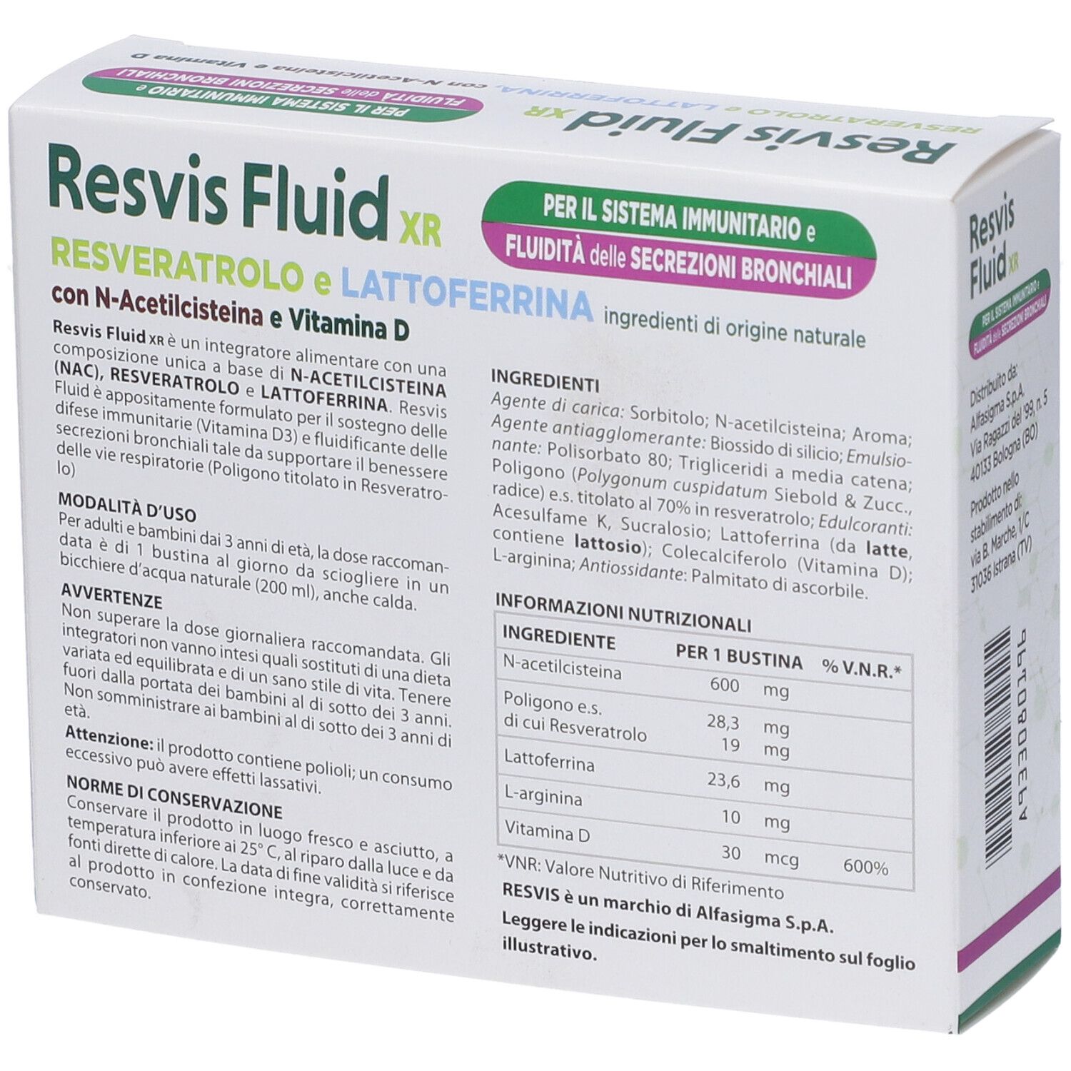 Rückseite der "Resvis Fluid XR"-Schachtel. Enthält Inhaltsstoffe und Nährwertangaben.