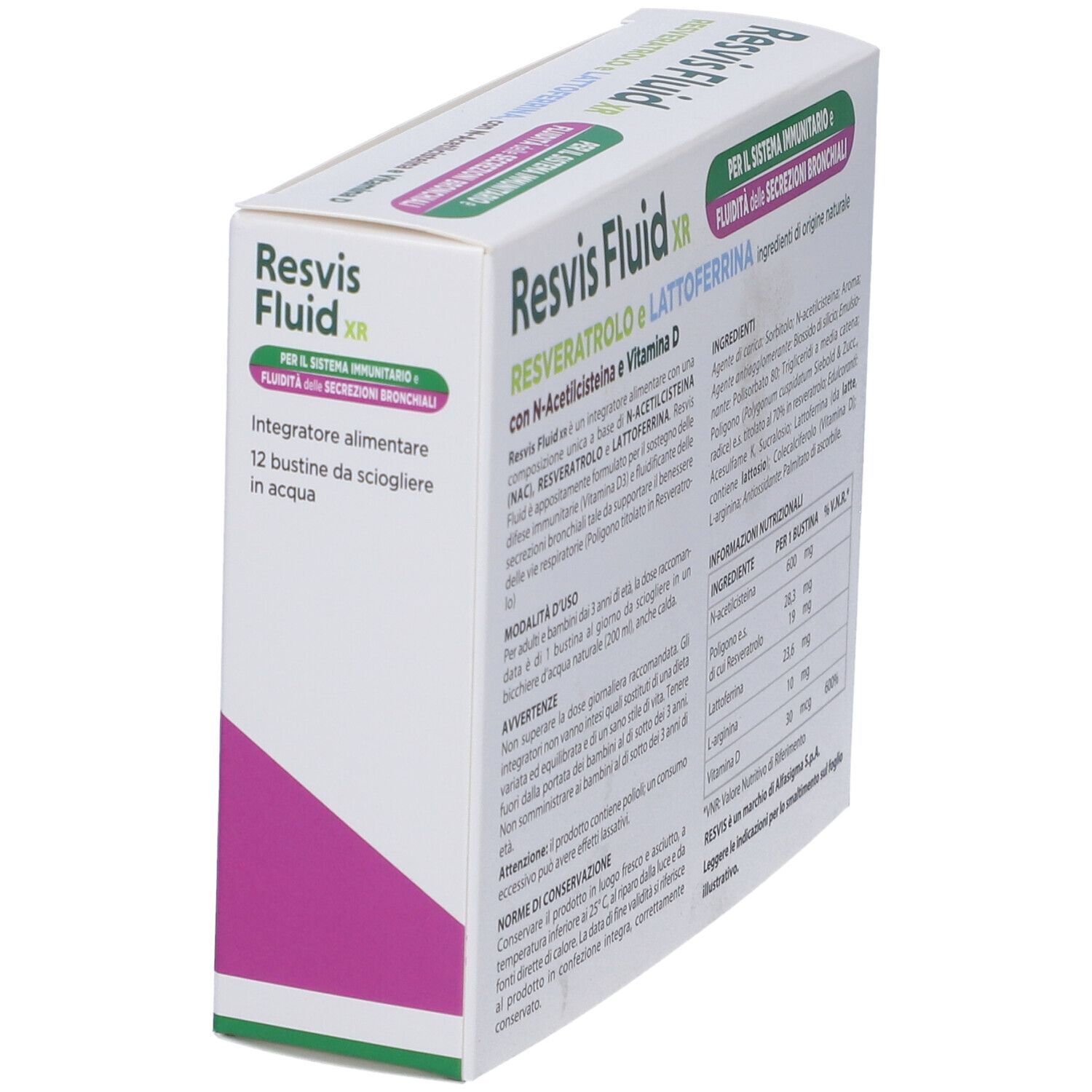 Seite der "Resvis Fluid XR"-Schachtel. Enthält Inhaltsstoffe und Nährwertangaben.