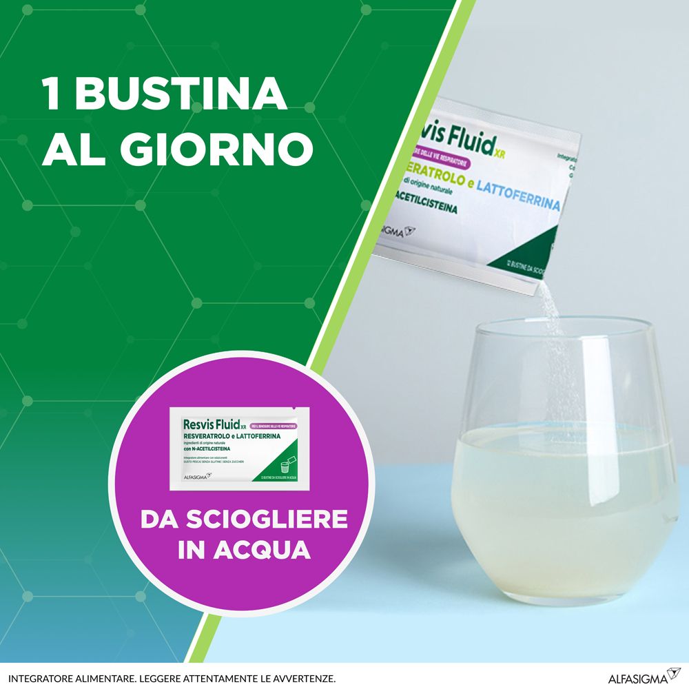 Ein Beutel "Resvis Fluid XR" wird in ein Glas Wasser gegossen. Text: "1 Beutel pro Tag".