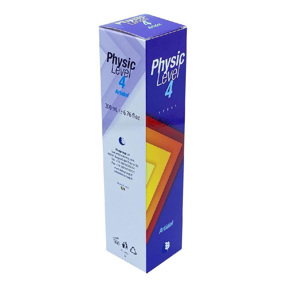 Scatola "Physic Level 4 Artidol". Confezione blu con strisce colorate. Testo in tedesco e italiano.