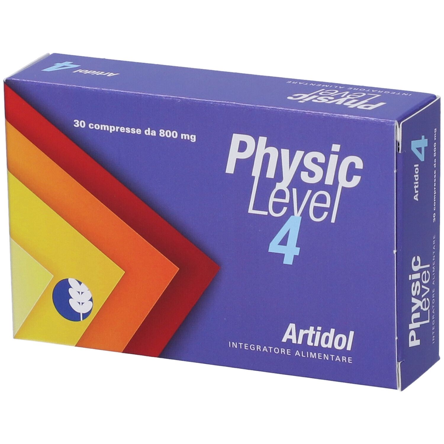 Scatola "Physic Level 4 Artidol". Confezione blu con strisce colorate. Contiene 30 compresse.
