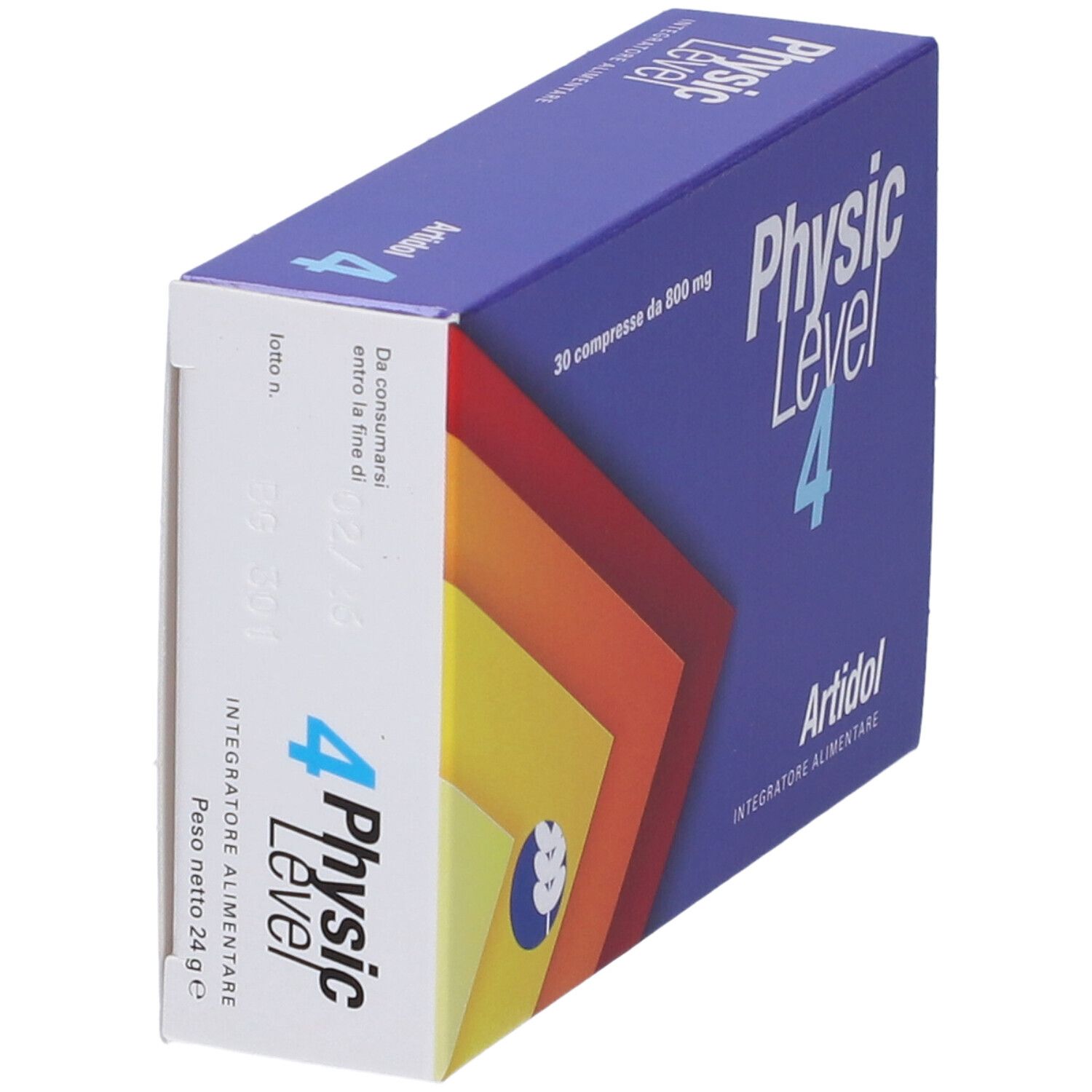 Scatola "Physic Level 4 Artidol". Confezione blu con strisce colorate. Contiene 30 compresse.