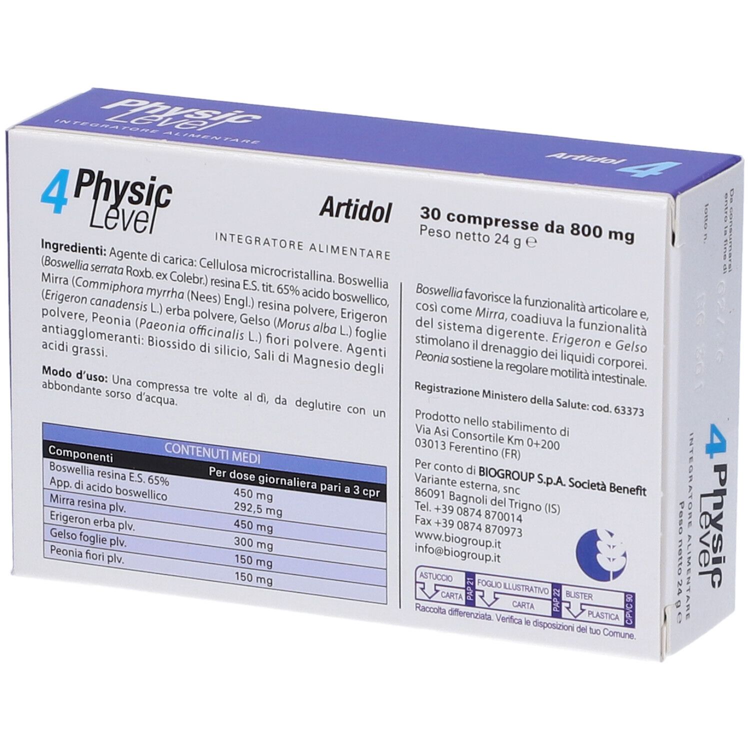 Retro della scatola "Physic Level 4 Artidol". Contiene informazioni sugli ingredienti e il produttore.