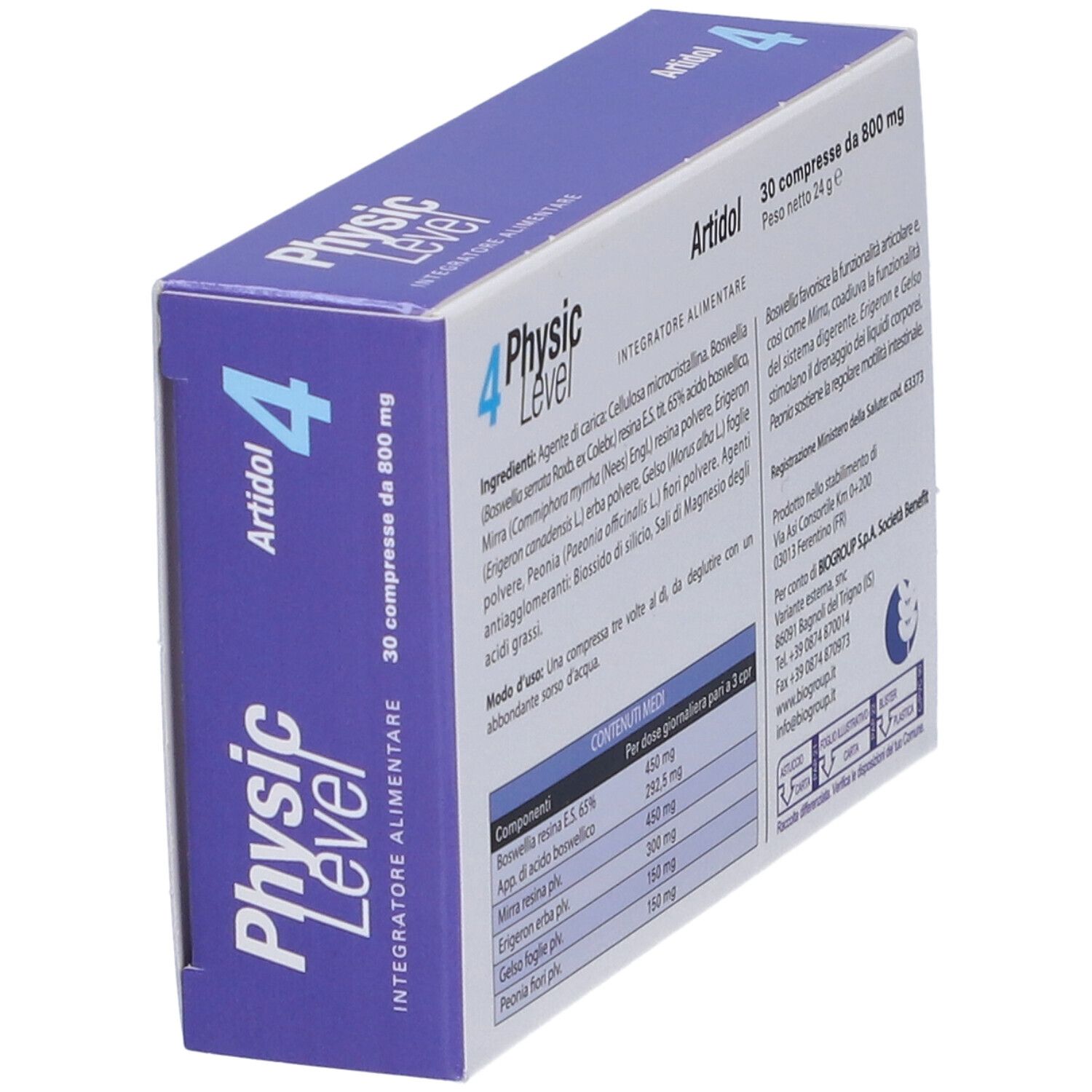 Retro della scatola "Physic Level 4 Artidol". Contiene informazioni sugli ingredienti e il produttore.