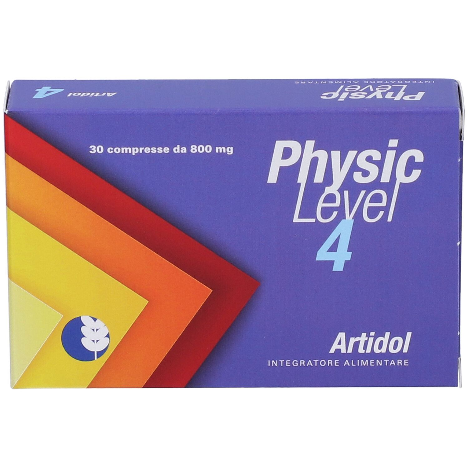 Scatola "Physic Level 4 Artidol". Confezione blu con strisce colorate. Contiene 30 compresse.